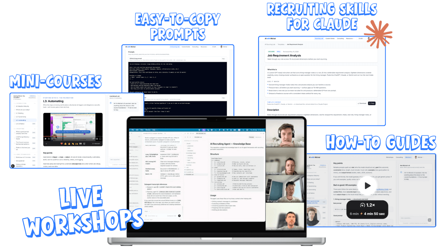 AI Recruiting Accelerator — what's inside: live workshop ticket plus member-area skills, prompts, workflows, and Claude connectors