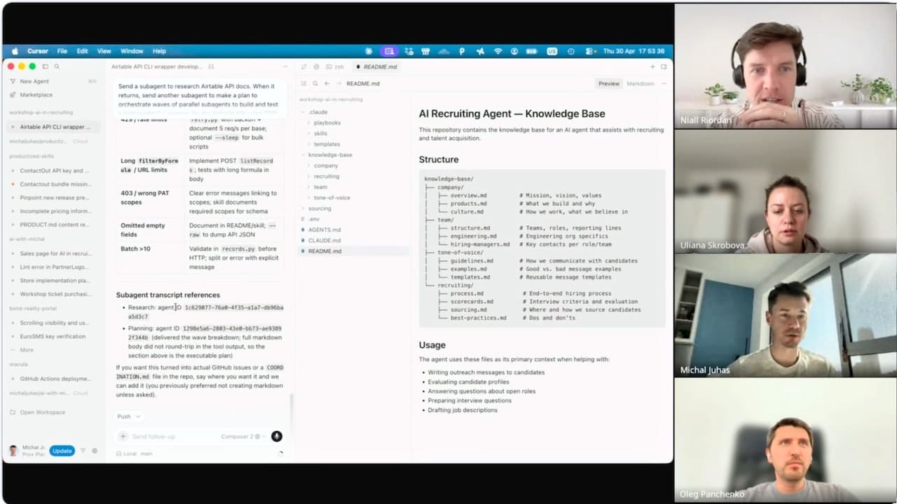 Screenshot from the April 30 AI in Sourcing live workshop with Michal Juhas and recruiters on Zoom