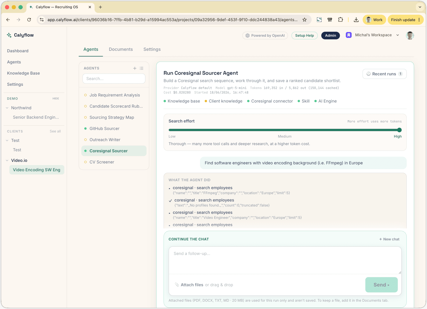 Calyflow.ai Coresignal Sourcer agent running a candidate search and returning a ranked shortlist