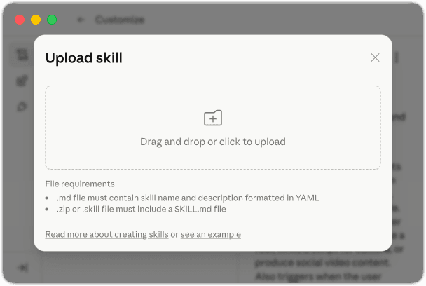Claude's Upload skill dialog accepting a drag-and-drop .md file with YAML frontmatter requirements