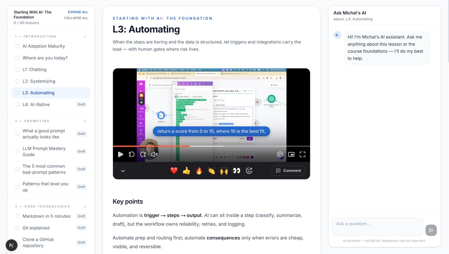 Starting With AI: The Foundation course preview — lesson, video, and AI assistant in one view