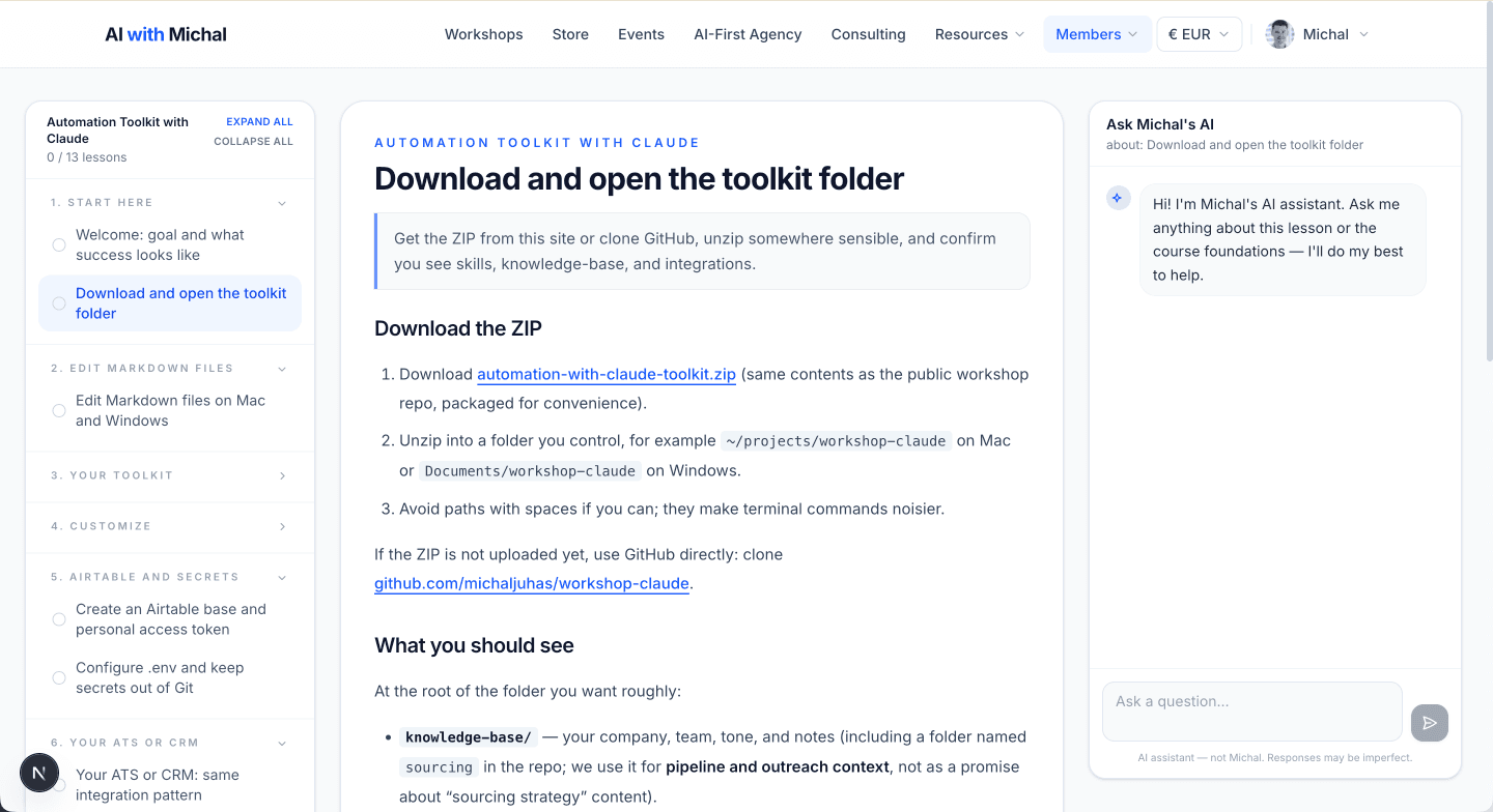 Automation Toolkit course: lessons, progress, and AI help in the members area