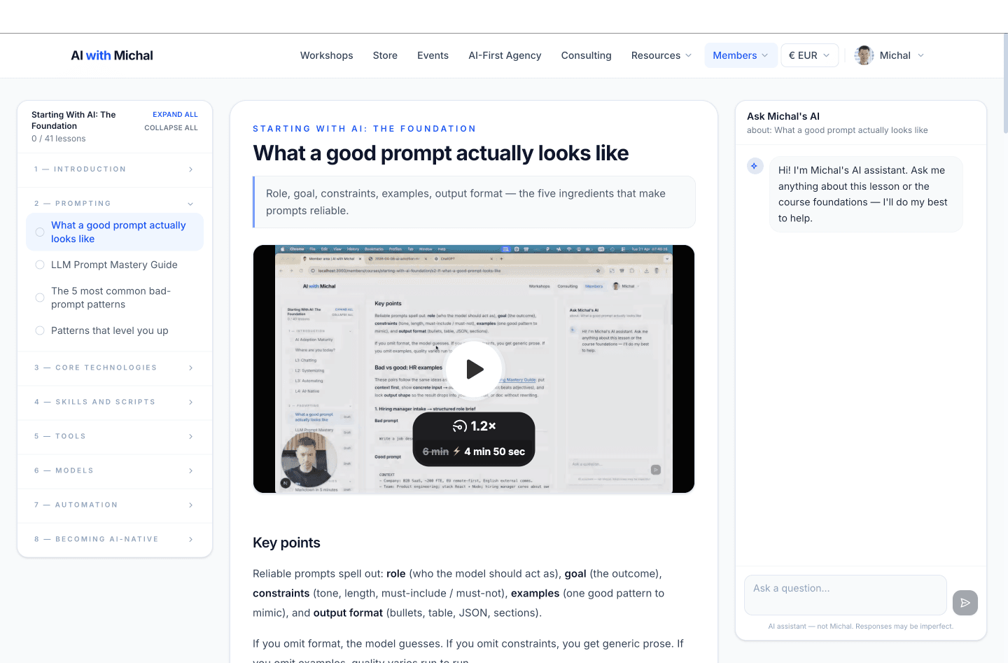 Course interface showing lesson list and integrated AI assistant