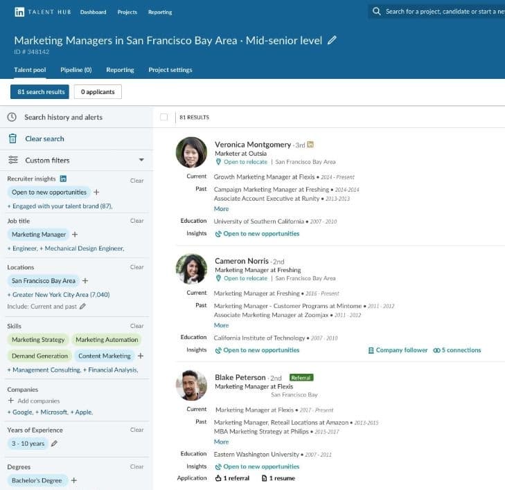 LinkedIn recruiter search showing saturated candidate pools