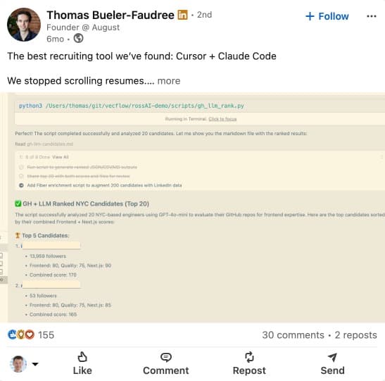 LinkedIn post about recruiters adopting AI tools