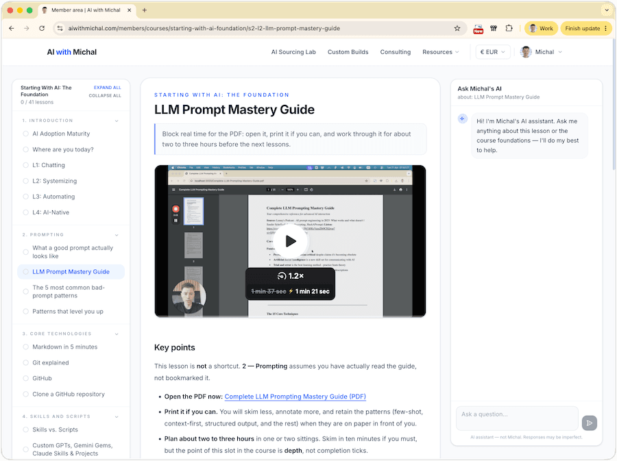 LLM Prompt Mastery Guide lesson inside the AI with Michal members area, showing a video lesson and key points