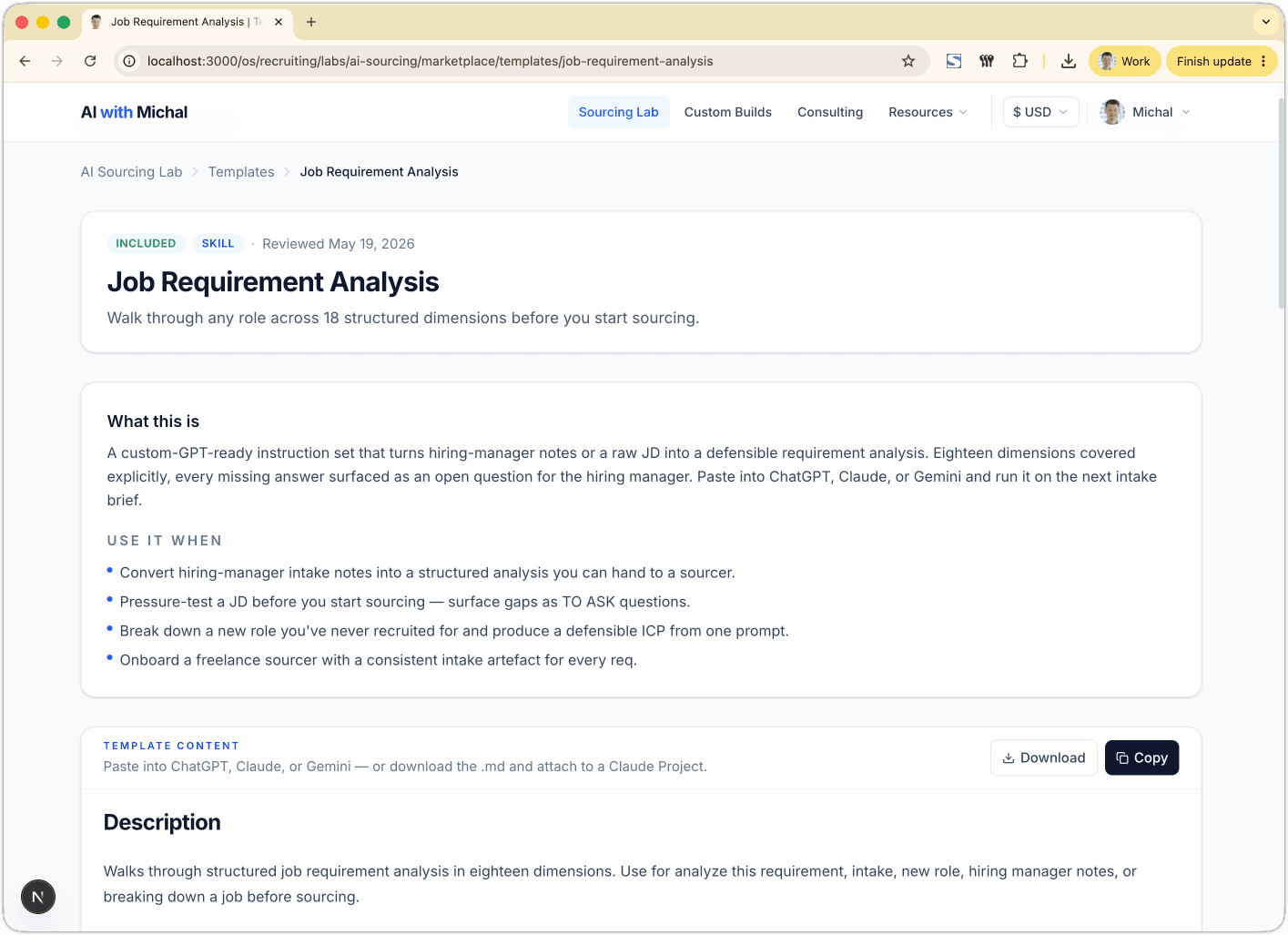 Library of recruiter-specific AI capabilities inside the member area, ready to download and drop into Claude, ChatGPT, or Gemini