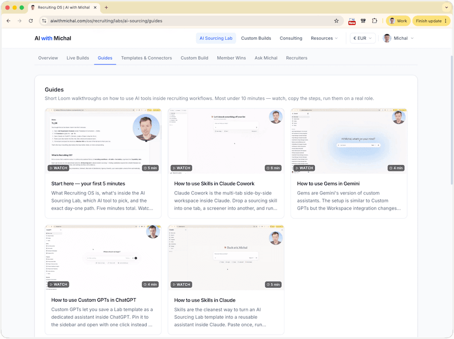 Sourcing Lab guides screen showing short Loom walkthroughs on how to use AI tools inside recruiting workflows