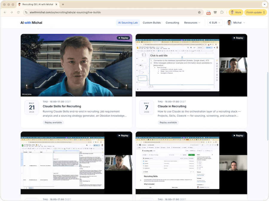 Sourcing Lab Live Builds page with thumbnails of replays including Claude Skills for Recruiting and Claude in Recruiting
