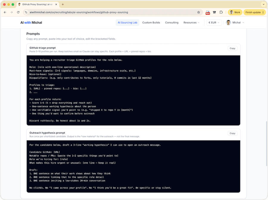 Sourcing Lab prompt library showing GitHub triage and outreach hypothesis prompts with copy buttons