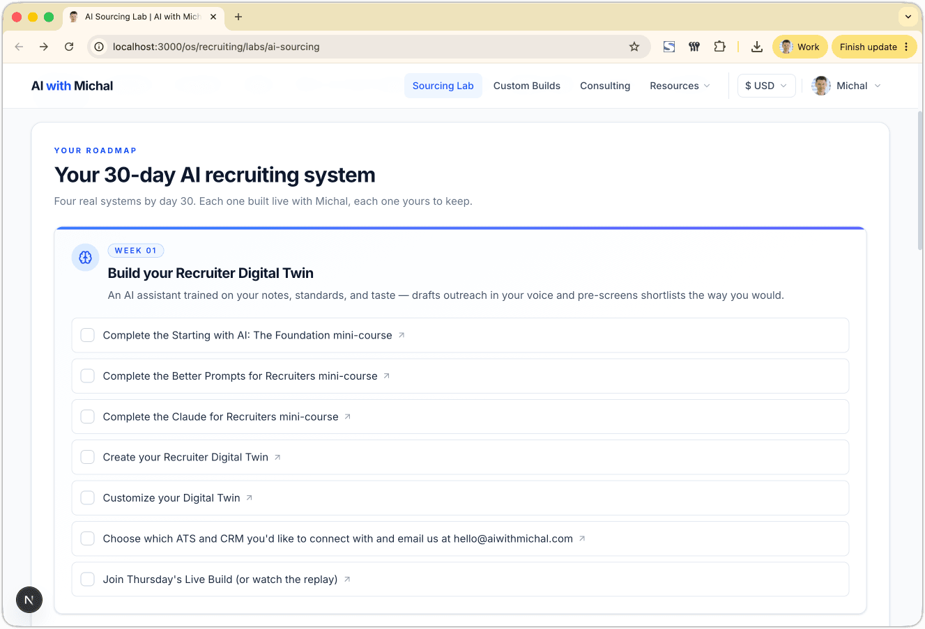 Weekly Monday plan from the AI with Michal member area: this week's objective, workflow, templates, and walkthrough video