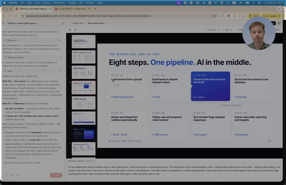 Michal walking through the real-estate CRM workflow slide in the case study video