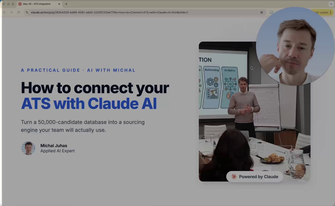 Title slide: How to connect your ATS with Claude AI, with Michal Juhas presenting the workflow on camera.