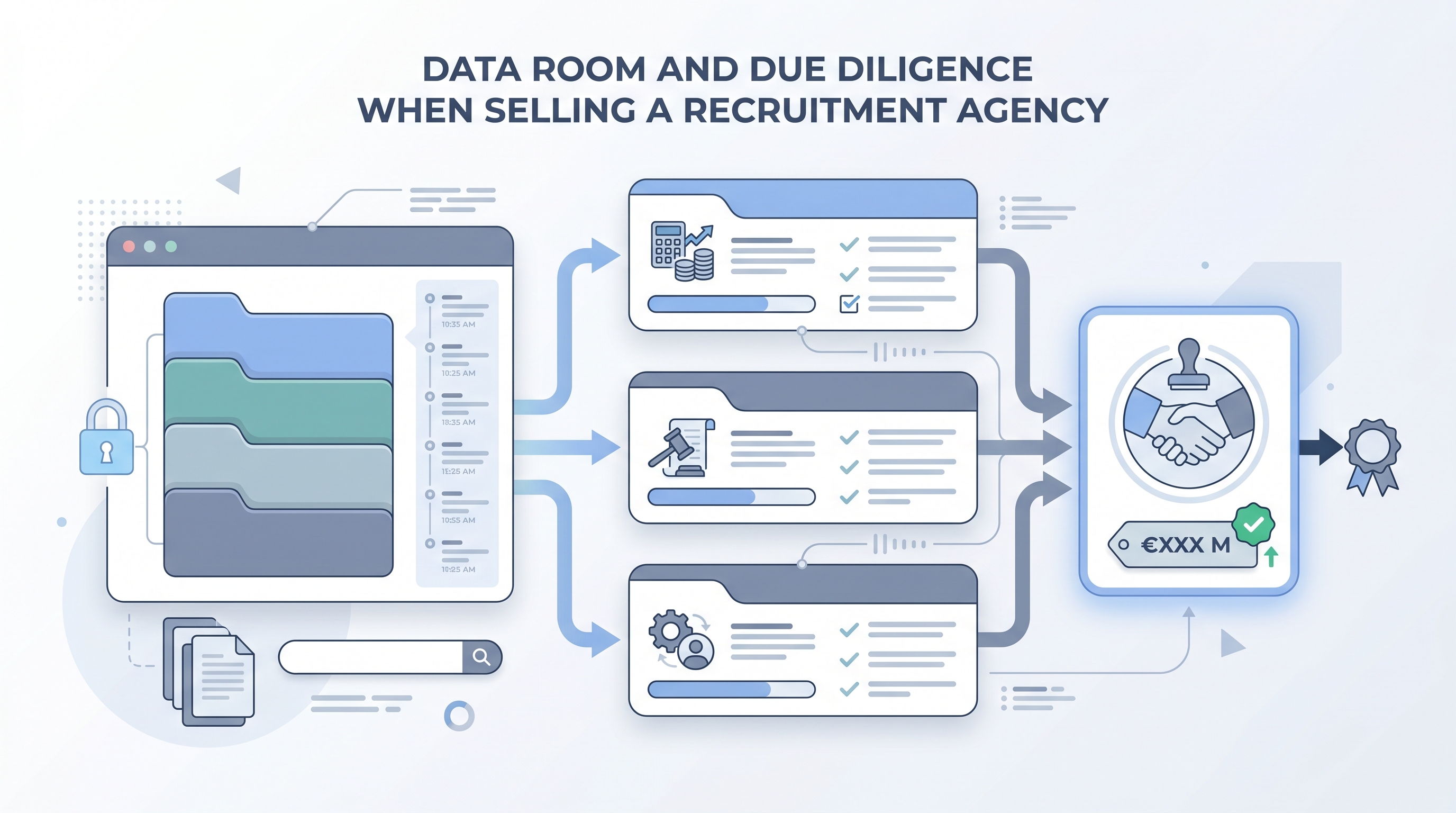 Illustration: virtual data room with indexed document sections feeding three parallel due diligence review streams for financial, legal, and operational verification, converging on a deal milestone card with a verified offer stamp
