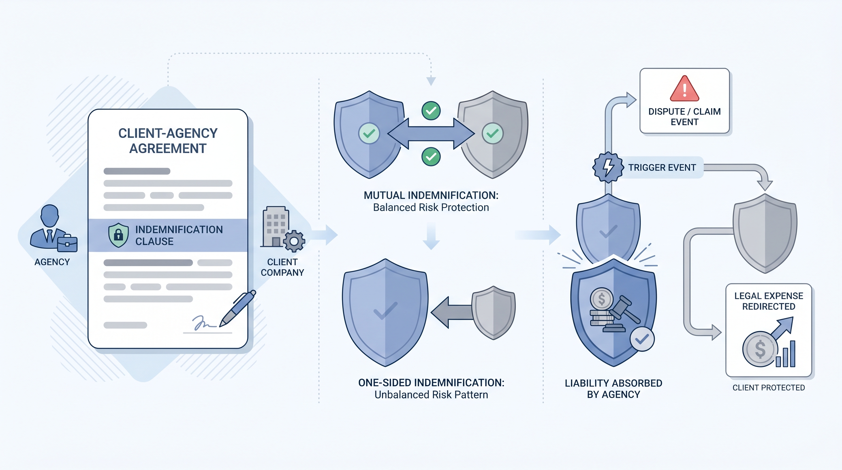 Illustration: client-agency contract with a highlighted indemnification clause, a mutual shield pair connected by a bidirectional arrow versus an unbalanced one-sided shield arrangement, and a claims flow showing a dispute event absorbed by the indemnifying party with a legal cost card redirected