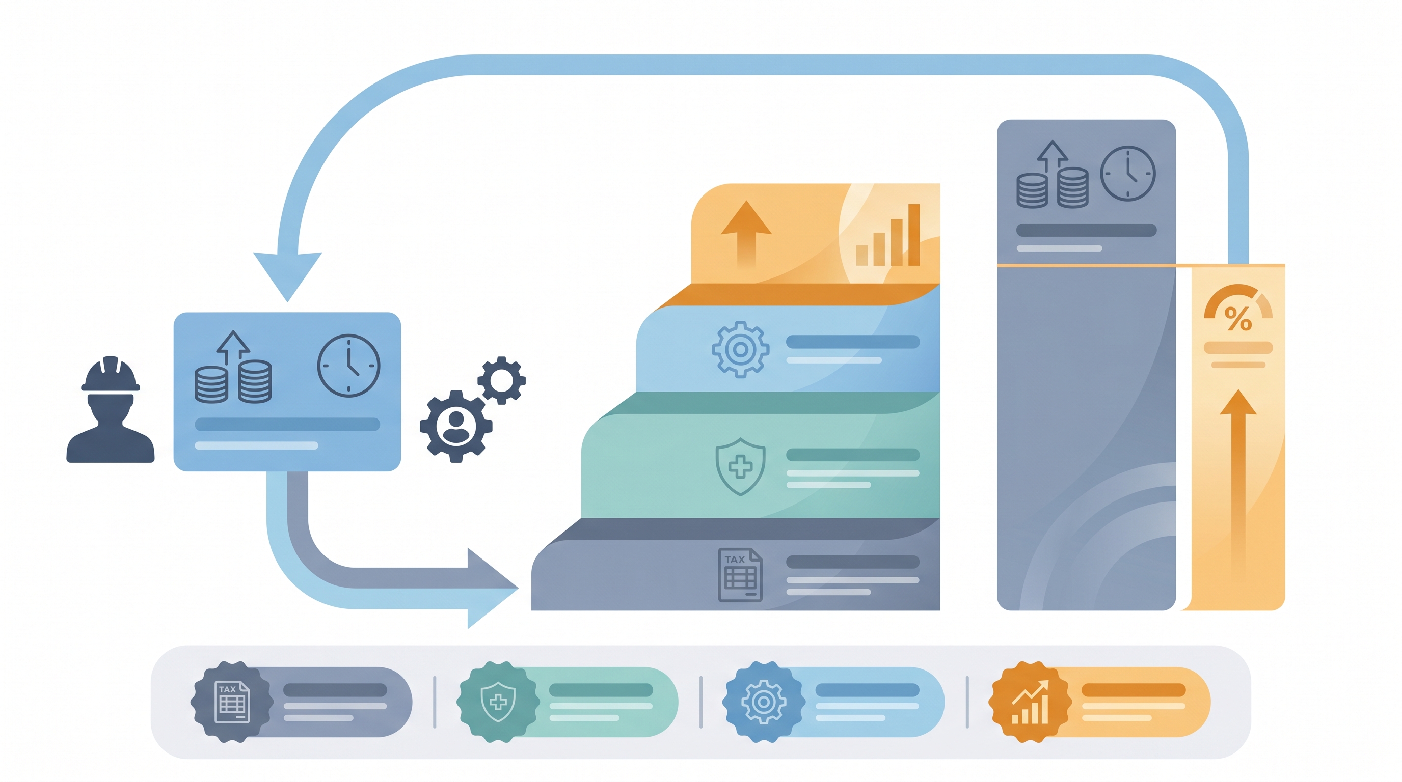 Illustration: contract staffing markup showing pay rate and employer cost layers stacked beneath a bill rate, with a gross profit margin band on the right and a cost breakdown strip identifying taxes, insurance, overhead, and profit