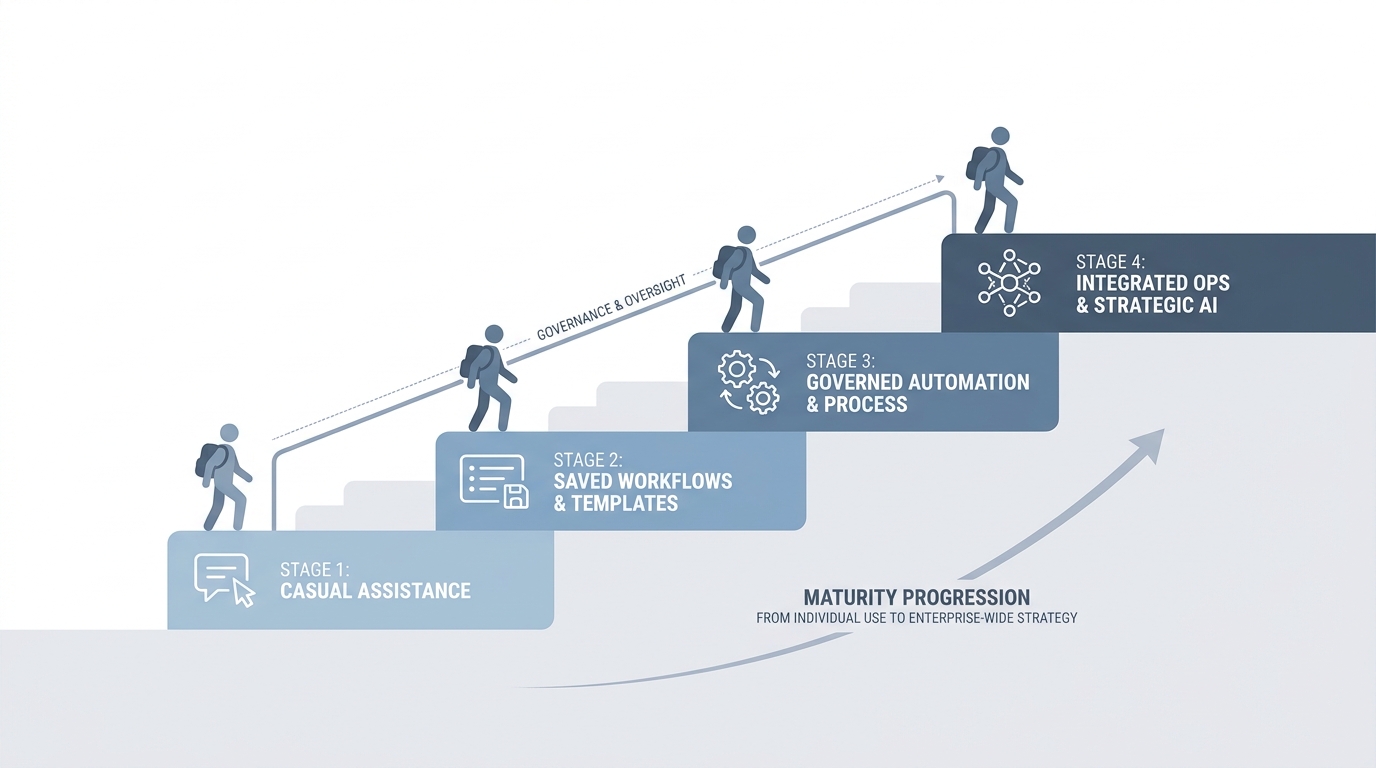 Illustration: An AI adoption ladder as stepped maturity from chat to saved rules to automation