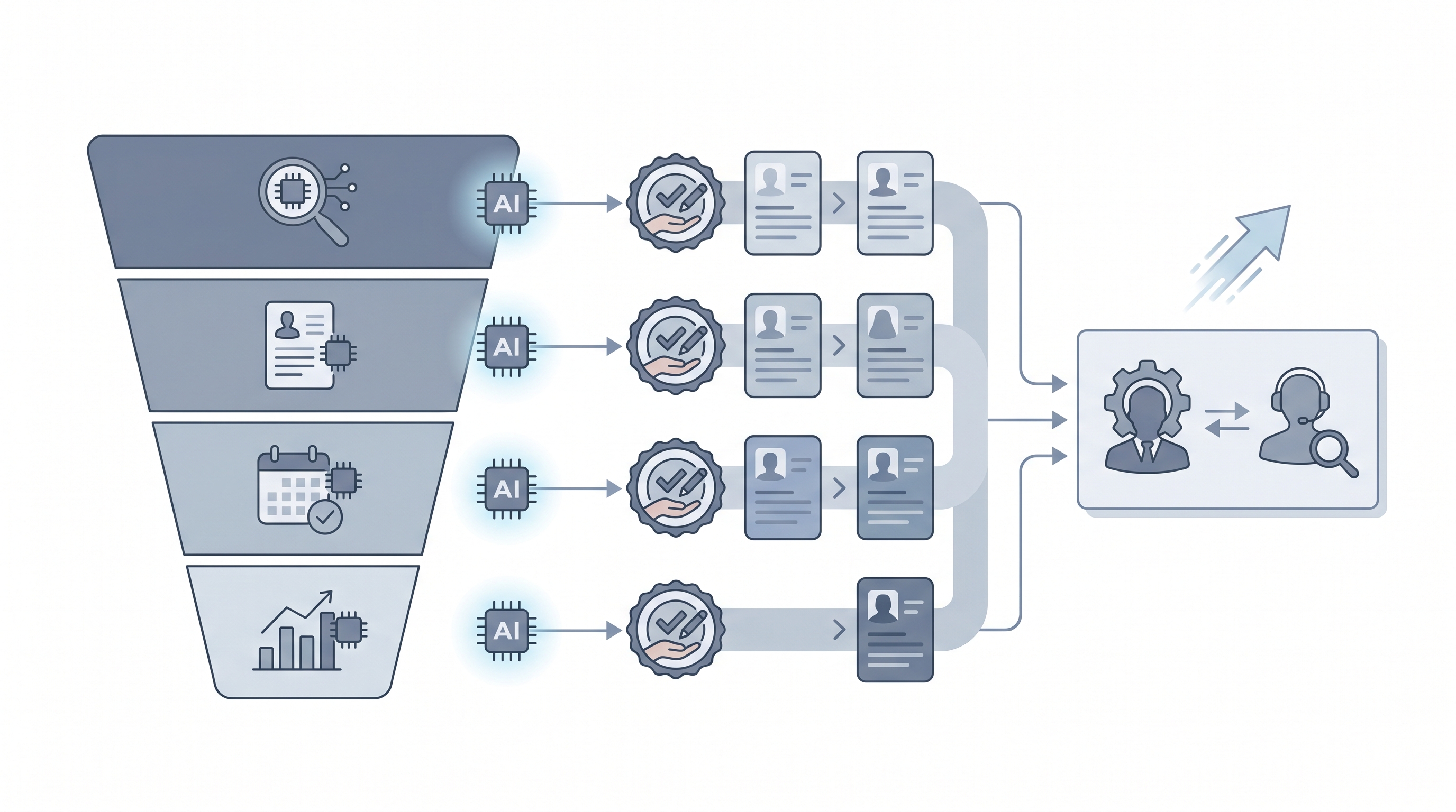 Illustration: AI and hiring as a layered funnel map showing sourcing, screening, scheduling, and reporting stages with small AI assist spark nodes at each stage, human review gates between AI output and candidate-facing actions, and a shared vocabulary card connecting a TA leader and a recruiter to the same toolkit