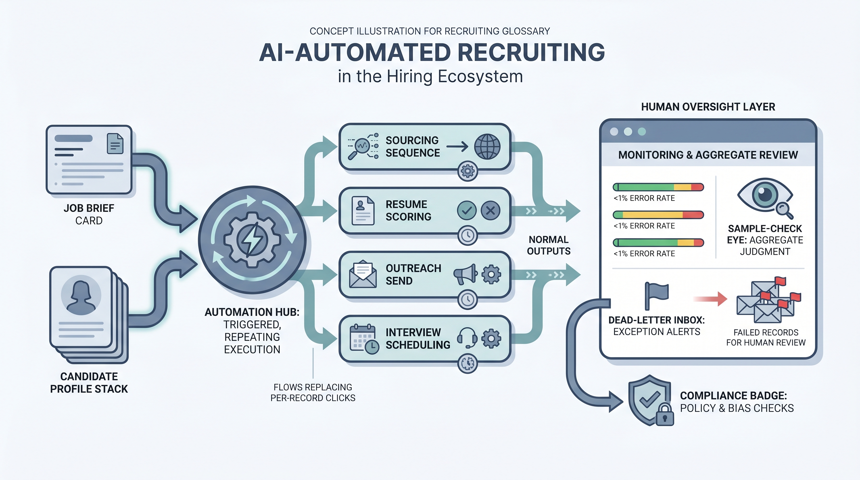 Illustration: AI-automated recruiting showing repeating hiring task strips for sourcing, screening, outreach, and scheduling triggered by an automation hub, with a human monitoring card reviewing error rates and flagged exceptions before problems compound