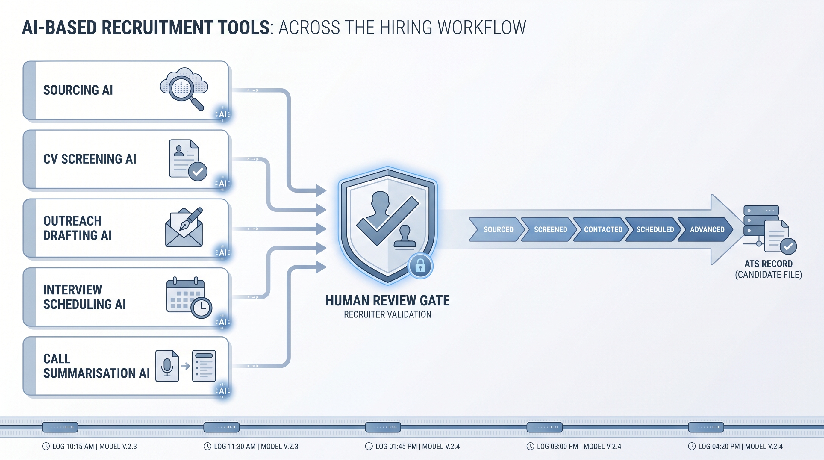 Illustration: AI-based recruitment tools as five task-specific AI tool nodes for sourcing, screening, outreach drafting, scheduling, and summarisation, each connecting through a human review gate into the hiring pipeline with a compliance log strip