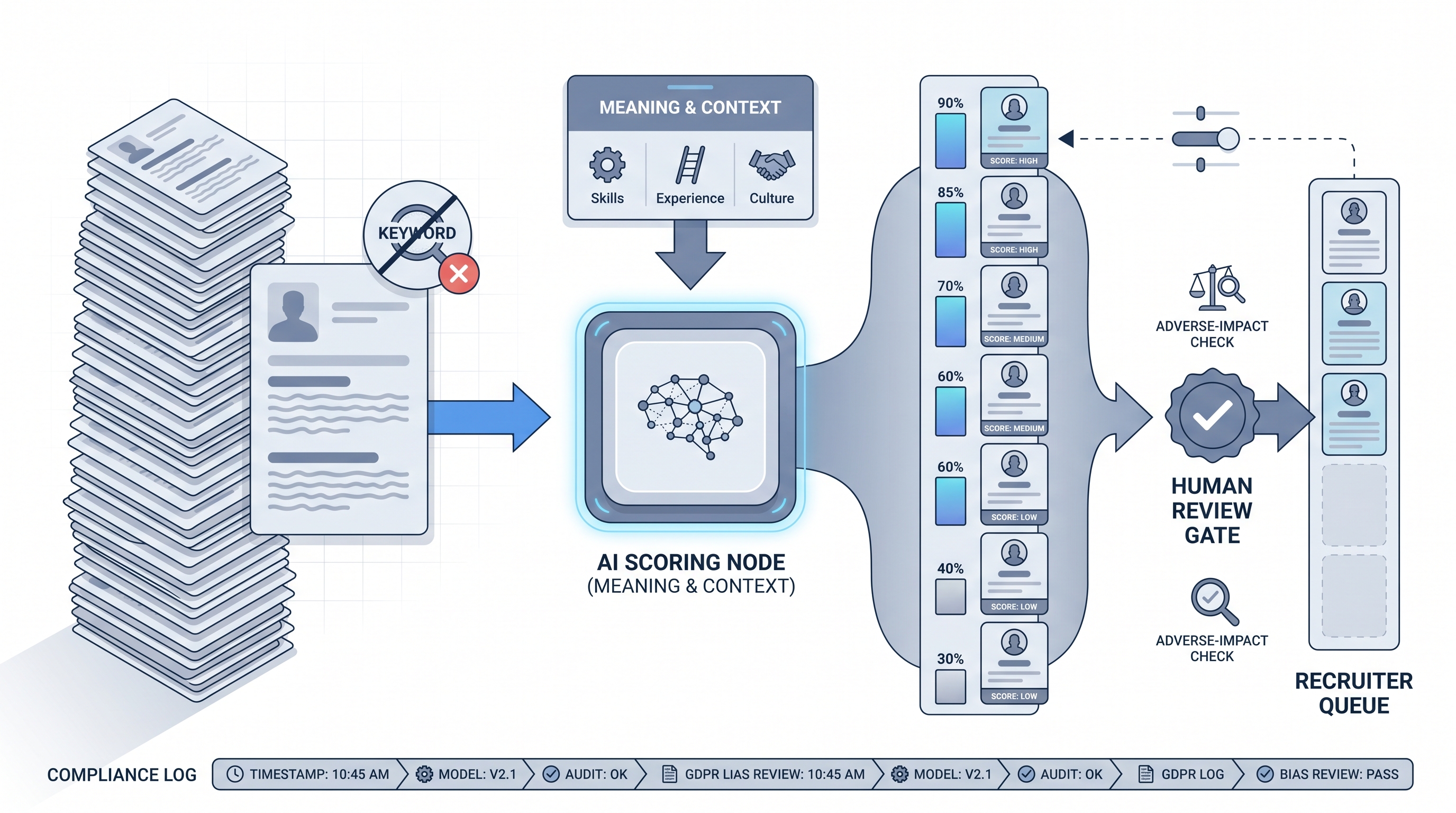 Illustration: AI-based resume screening showing a CV stack flowing through an AI scoring node that ranks by meaning and context, producing a ranked shortlist that passes a human review gate before reaching the recruiter queue