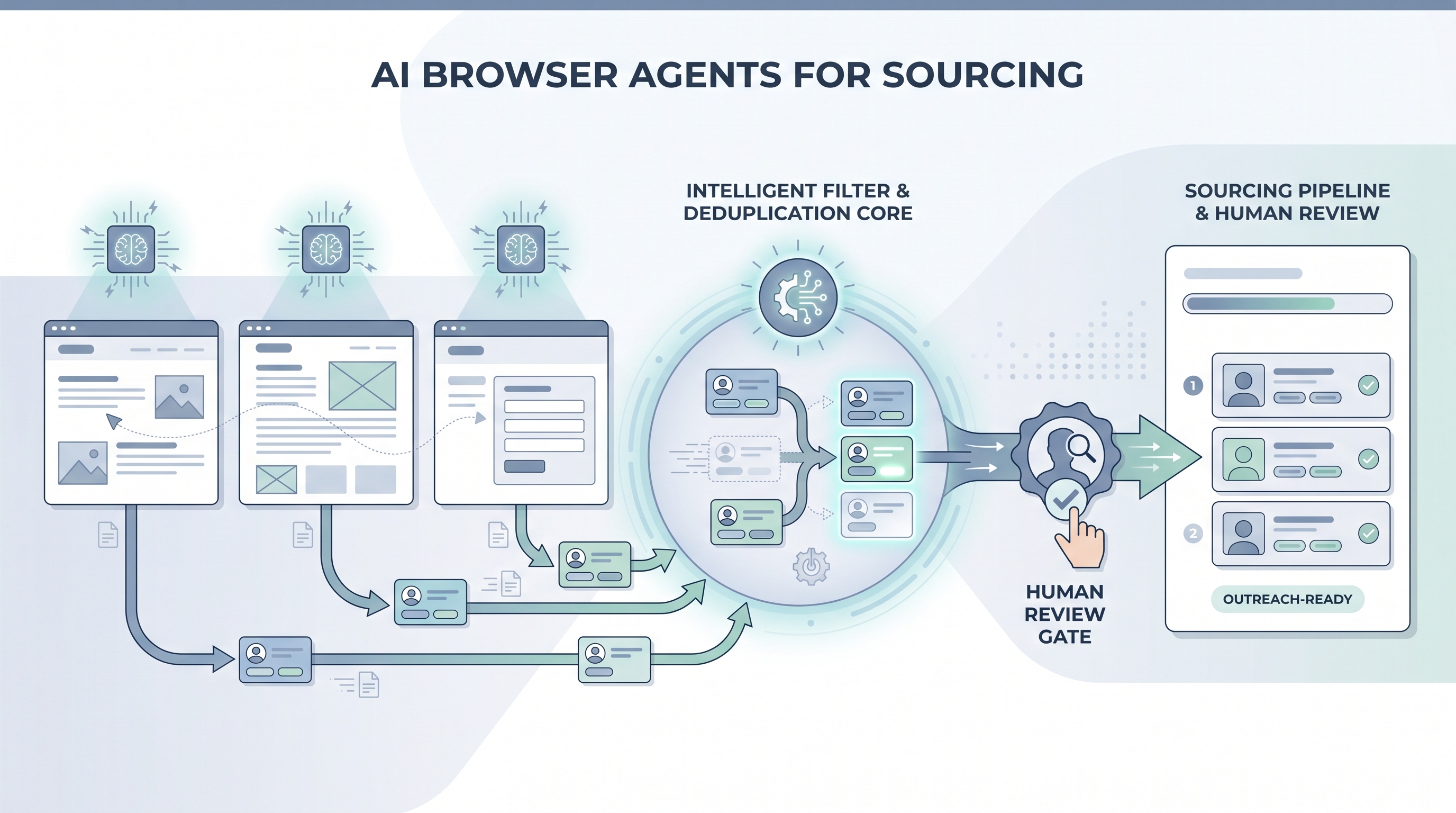 Illustration: AI browser agent with a reasoning layer navigating multiple sourcing platform pages and routing filtered candidate profile chips through a human review gate into a talent sourcing pipeline