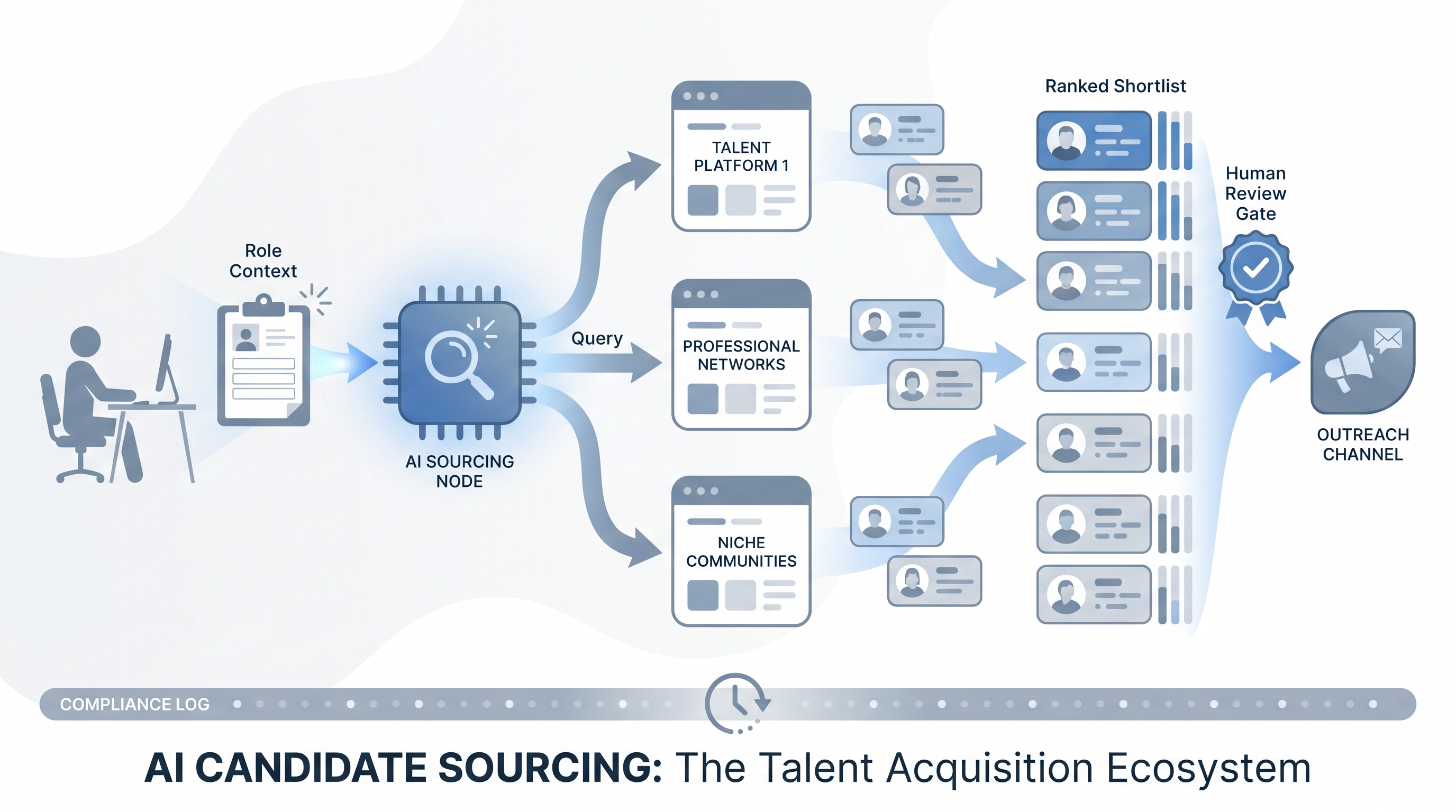 Illustration: AI candidate sourcing showing a sourcer brief feeding an AI layer that queries multiple talent databases, returning a ranked candidate shortlist that passes a human review gate before outreach