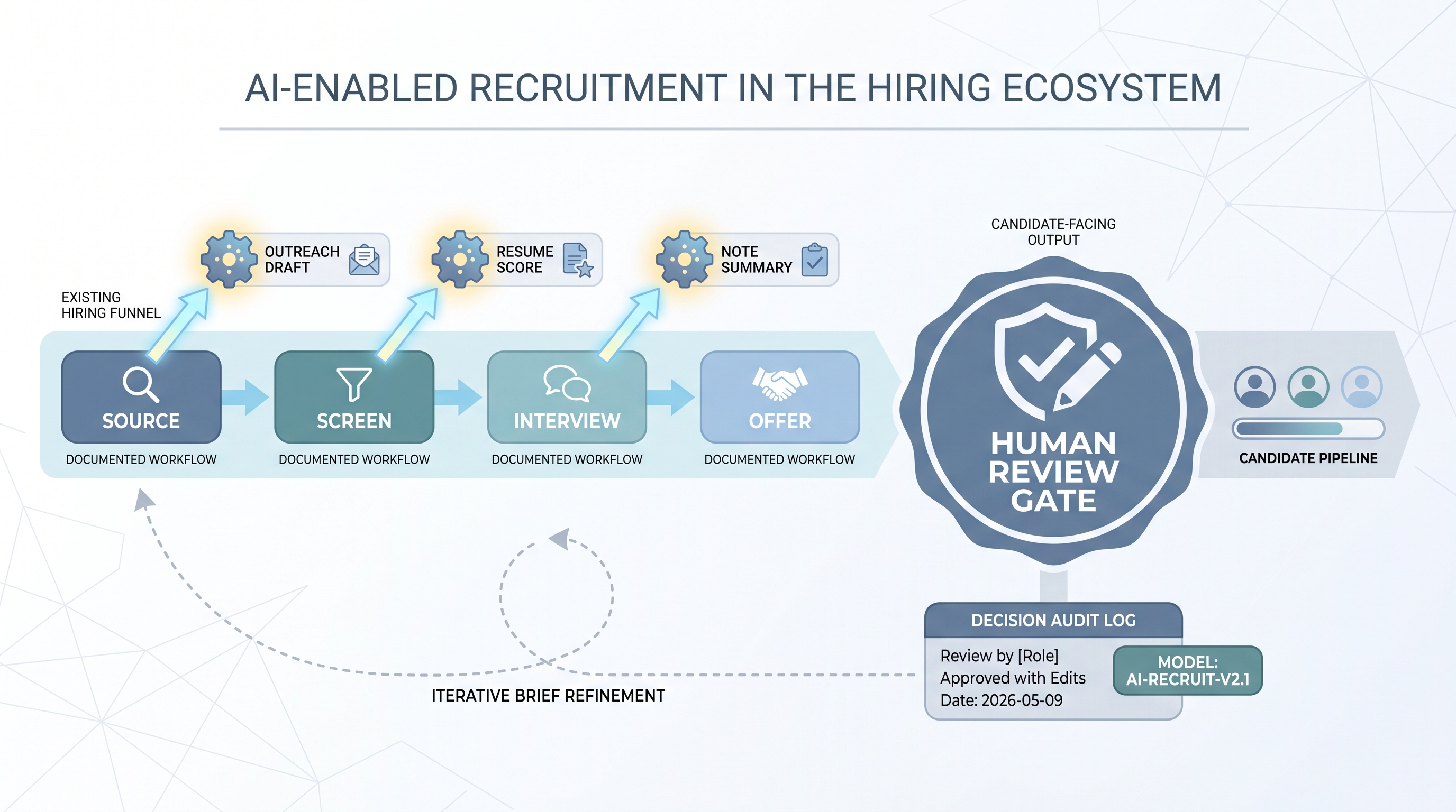 Illustration: AI-enabled recruitment showing AI assist sparks added to specific stages of an existing hiring workflow, with a human review gate before candidate-facing output and an audit log strip beneath