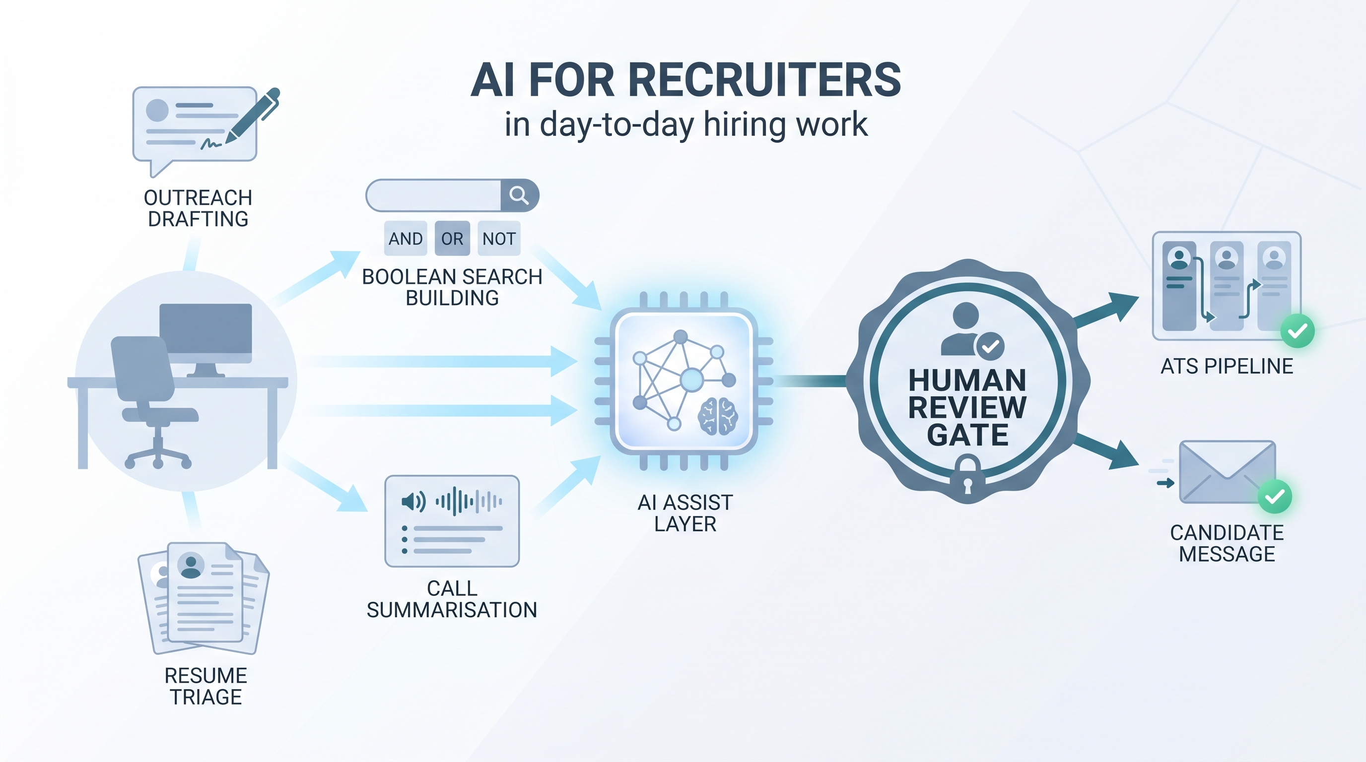 Illustration: AI for recruiters as four day-to-day tasks (outreach drafts, resume triage, Boolean search, call summaries) connected through an AI assist layer to a human review gate before ATS and candidate outreach