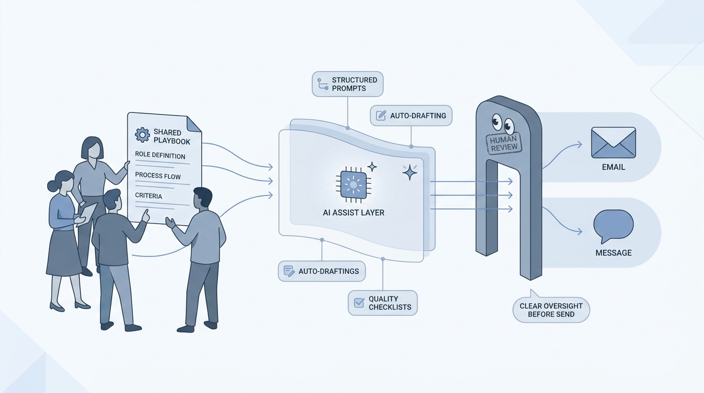 Illustration: AI-native hiring with a shared playbook, an AI assist layer, and human review before candidate-facing messages