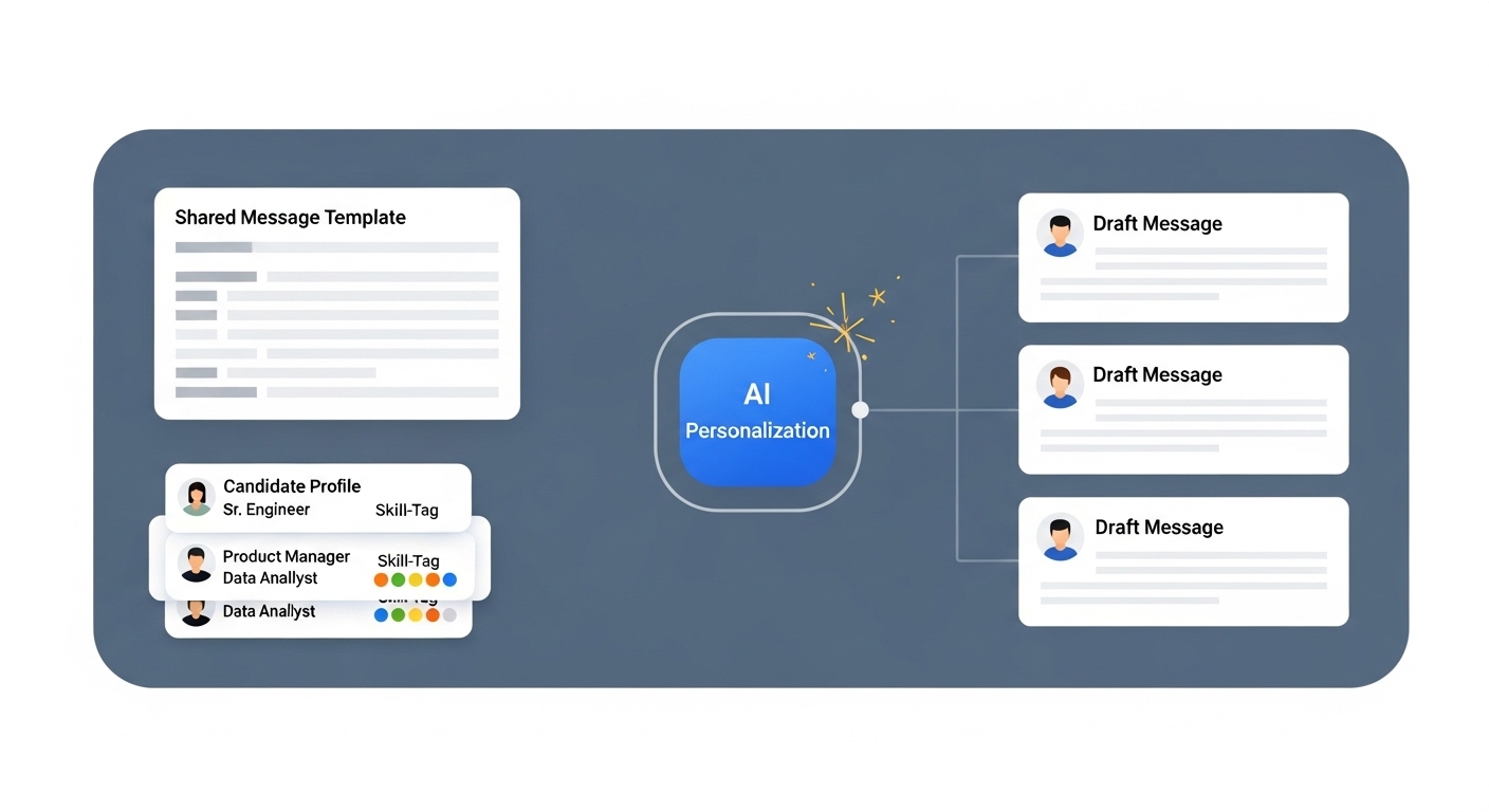 Illustration: a shared message template and three candidate profile cards feeding an AI personalization node that produces three distinct draft messages each passing through a human review gate before reaching an outreach channel