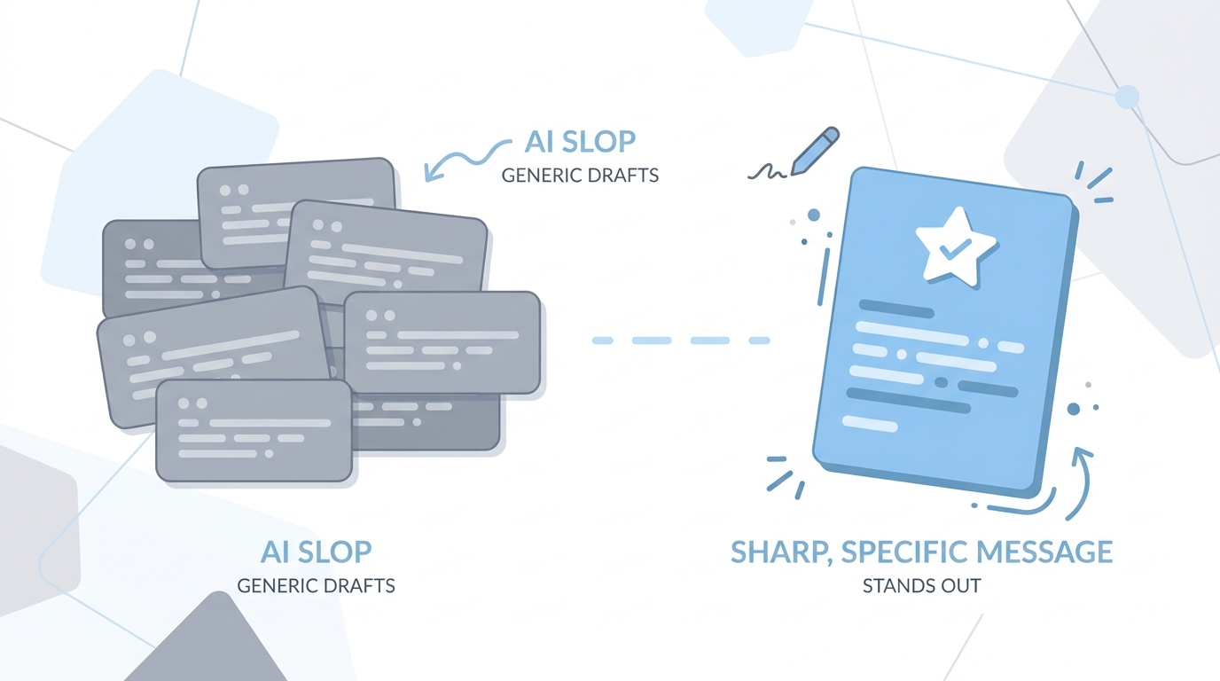 Illustration: Generic duplicate drafts versus one polished message after human editing