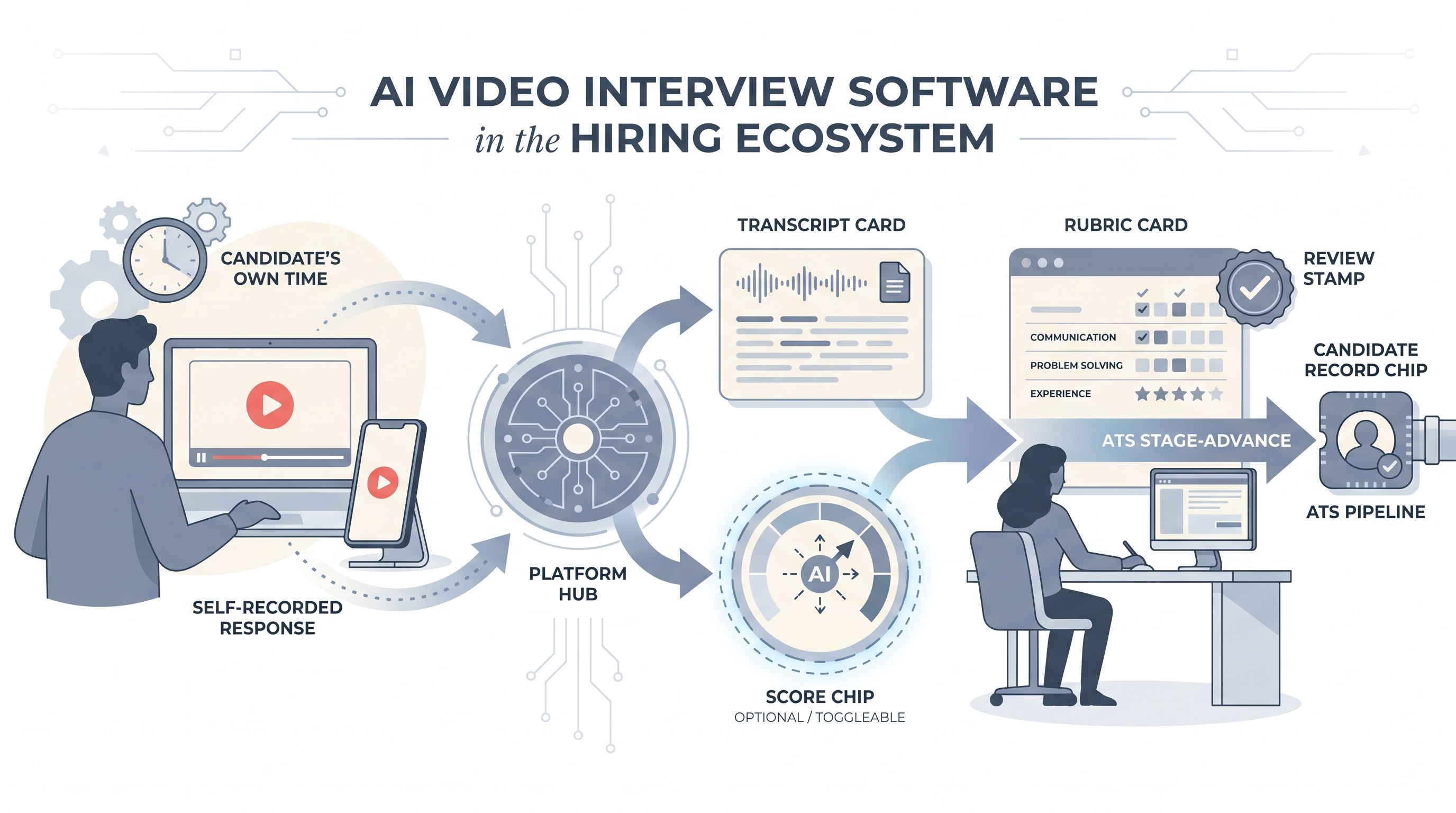 Illustration: AI video interview software showing a candidate recording a video response on a device, a platform hub outputting a transcript card and an optional AI score chip, and a human reviewer using a rubric card to make the stage-advance decision before the ATS pipeline