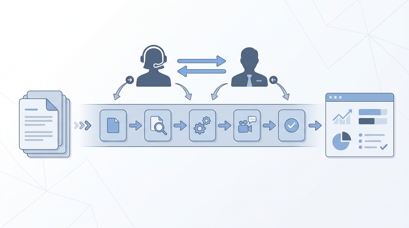 Illustration: applicant tracking software as a central pipeline hub connecting job postings, candidate records moving through stages, recruiter and hiring manager coordination nodes, and a reporting output