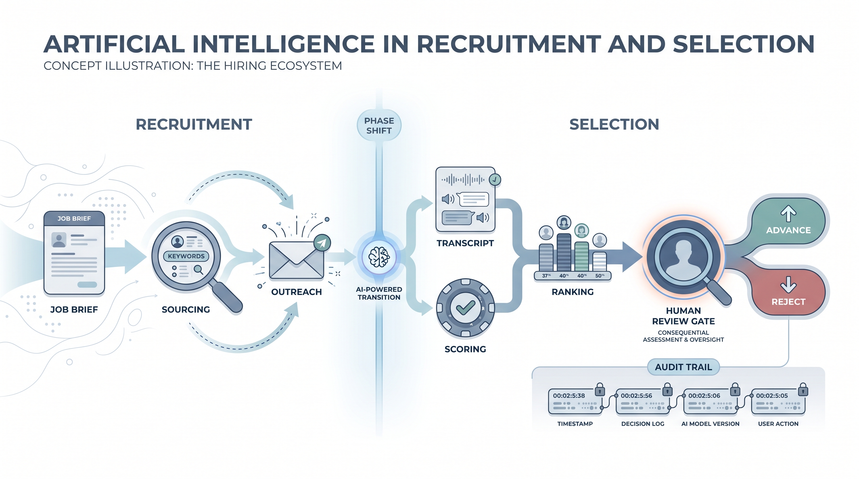 Illustration: artificial intelligence in recruitment and selection showing a recruitment phase spanning sourcing and outreach on the left, a transition node, and a selection phase spanning interview scoring, ranking, and a human review gate before the advance or reject decision on the right