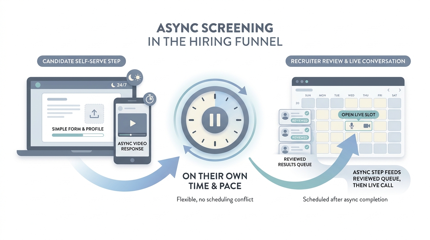 Illustration: Async candidate self-serve steps feeding reviewed results before live interviews