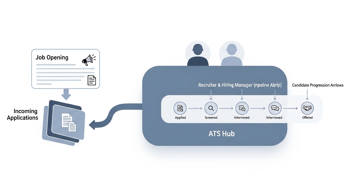 Illustration: ATS hiring software as a central hub connecting job postings, candidate stage progression, recruiter and hiring manager coordination, and pipeline analytics with integration arrows to connected tools