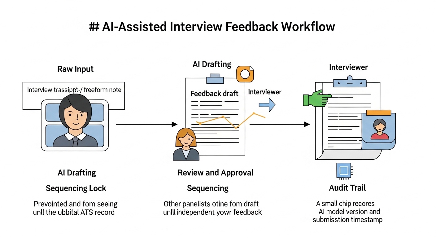 Illustration: AI-assisted interview feedback in the ATS showing a transcript feeding an AI drafting node that produces a structured scorecard note, reviewed and approved before becoming the official ATS record with panelist sequencing controls