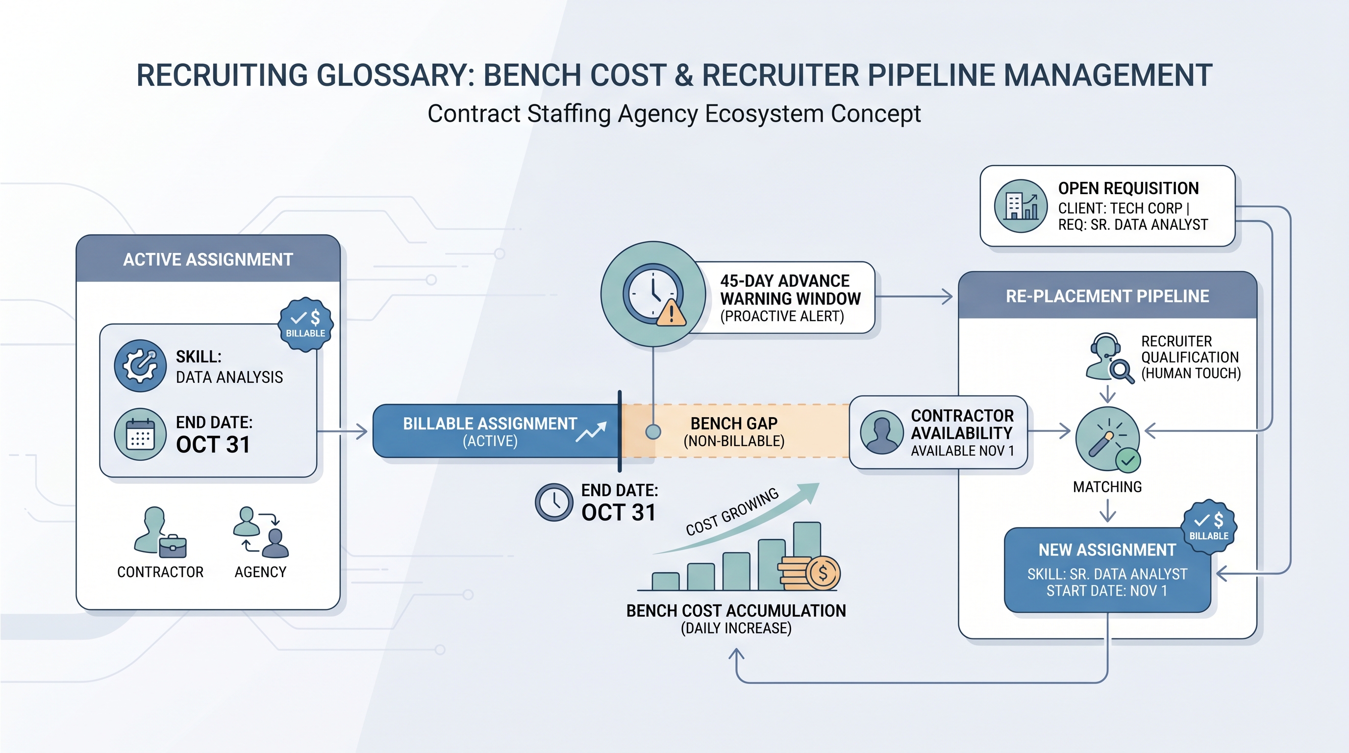 Illustration: bench cost and recruiter pipeline management showing a contractor timeline strip with assignment end dates feeding into a re-placement pipeline, a bench cost accumulation bar during the gap, and a placement match node reducing the gap back to billable