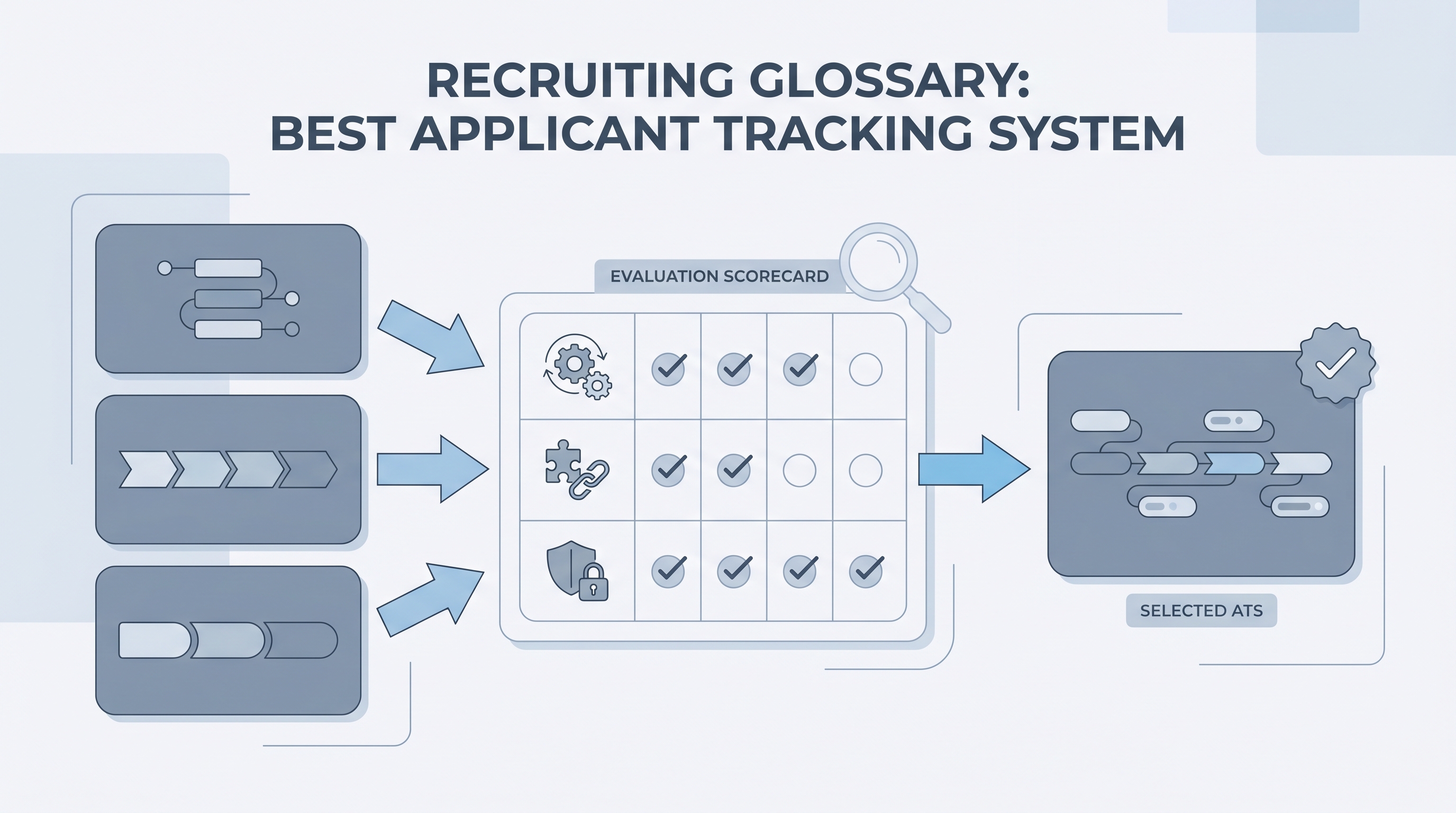 Illustration: three generic ATS options evaluated through a workflow criteria scorecard, with the best-fit system selected based on stage logic, integrations, and compliance checks