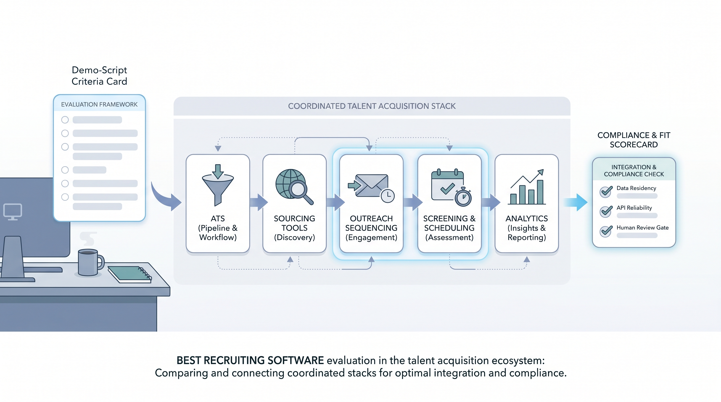 Illustration: best recruiting software evaluation showing a demo-script criteria card feeding into five connected software category tiles for ATS, sourcing, outreach, scheduling, and analytics, with integration arrows between tiles and one configuration highlighted through a compliance scorecard