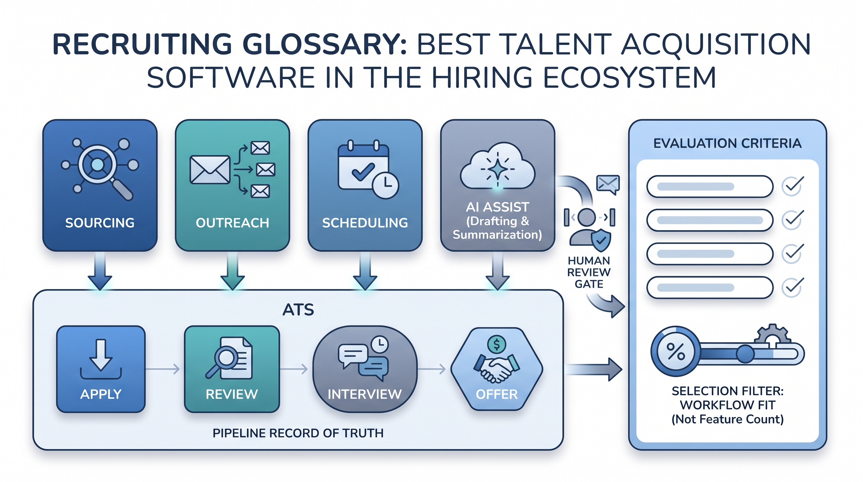 Illustration: talent acquisition software stack showing sourcing, outreach, scheduling, and AI assist tool nodes above an ATS foundation, evaluated through a workflow-fit criteria card with a human review gate near the AI layer