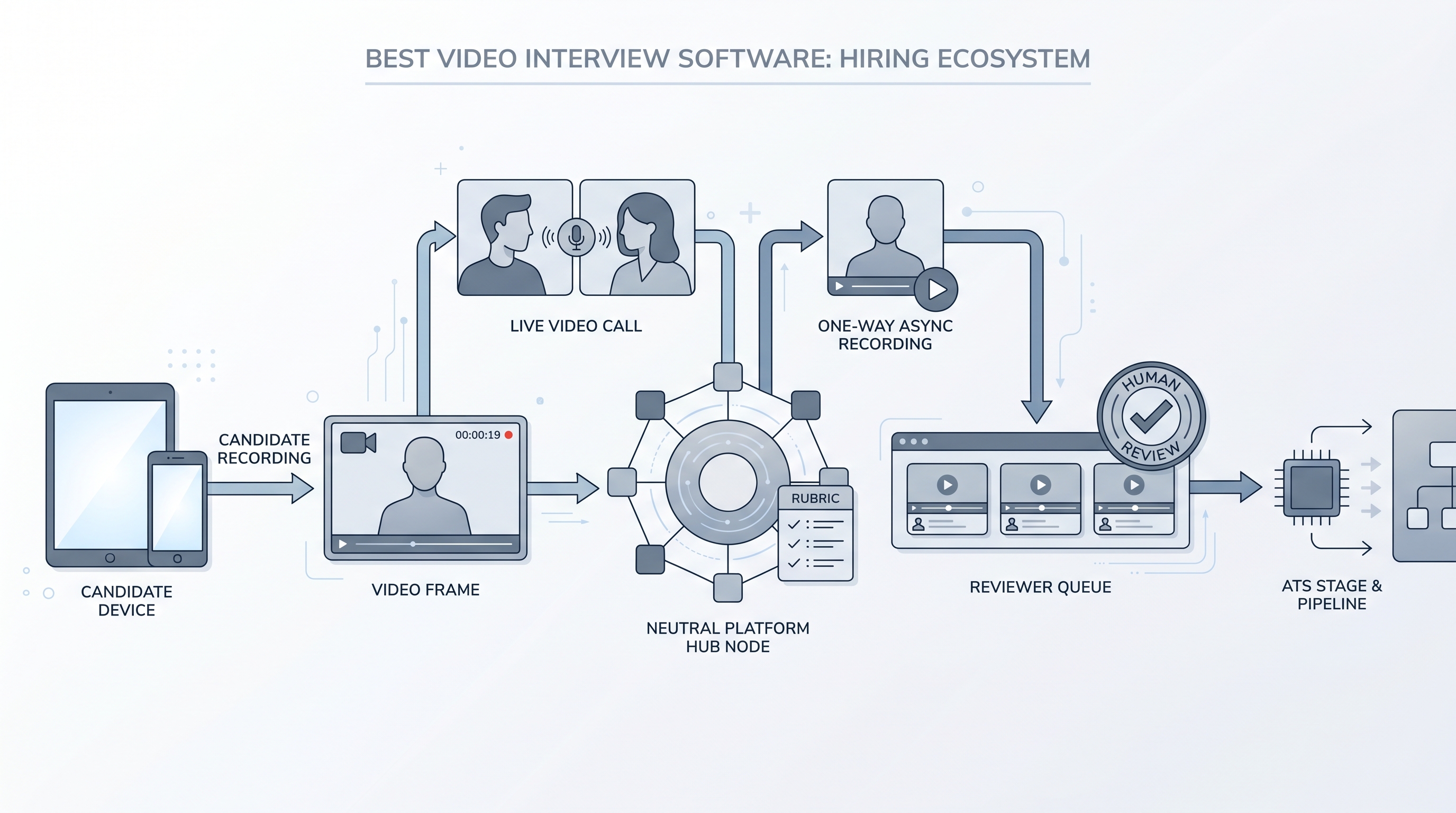 Illustration: video interview software hub showing a candidate recording device on the left, a central platform node branching to live video and one-way async recording options with a rubric card, and a reviewer clip queue passing a human review gate into an ATS pipeline on the right