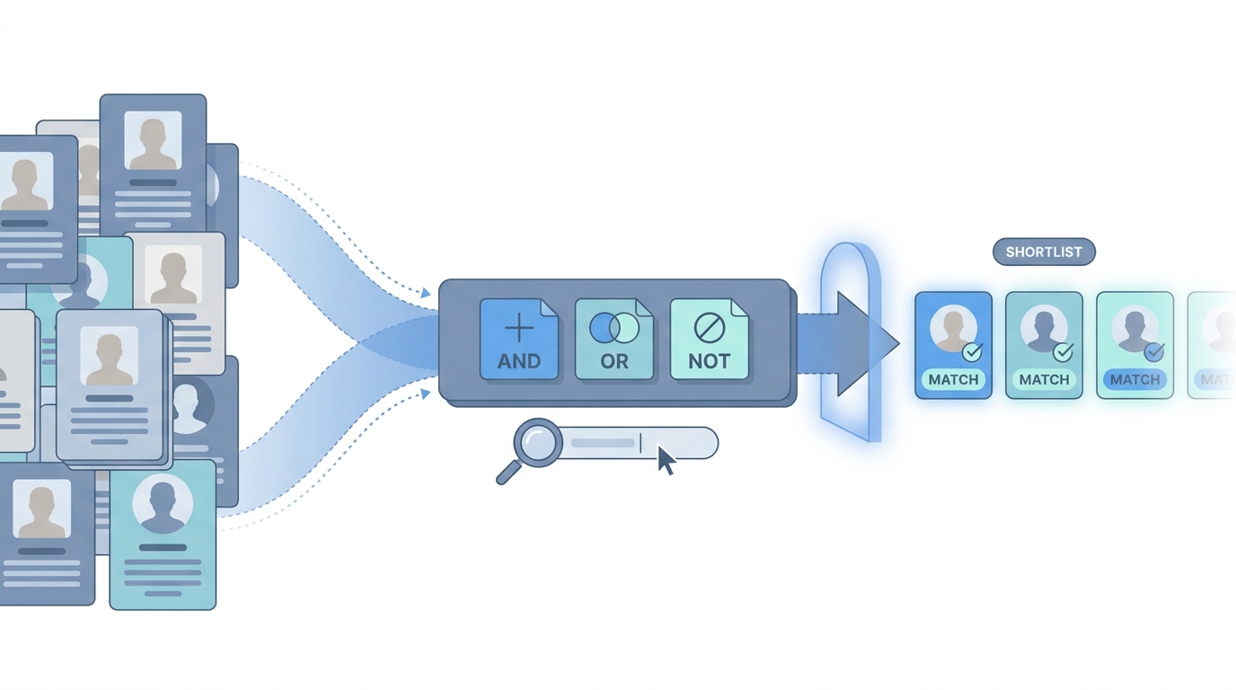 Illustration: Boolean search filtering a large talent list into a short shortlist with AND, OR, and NOT style logic