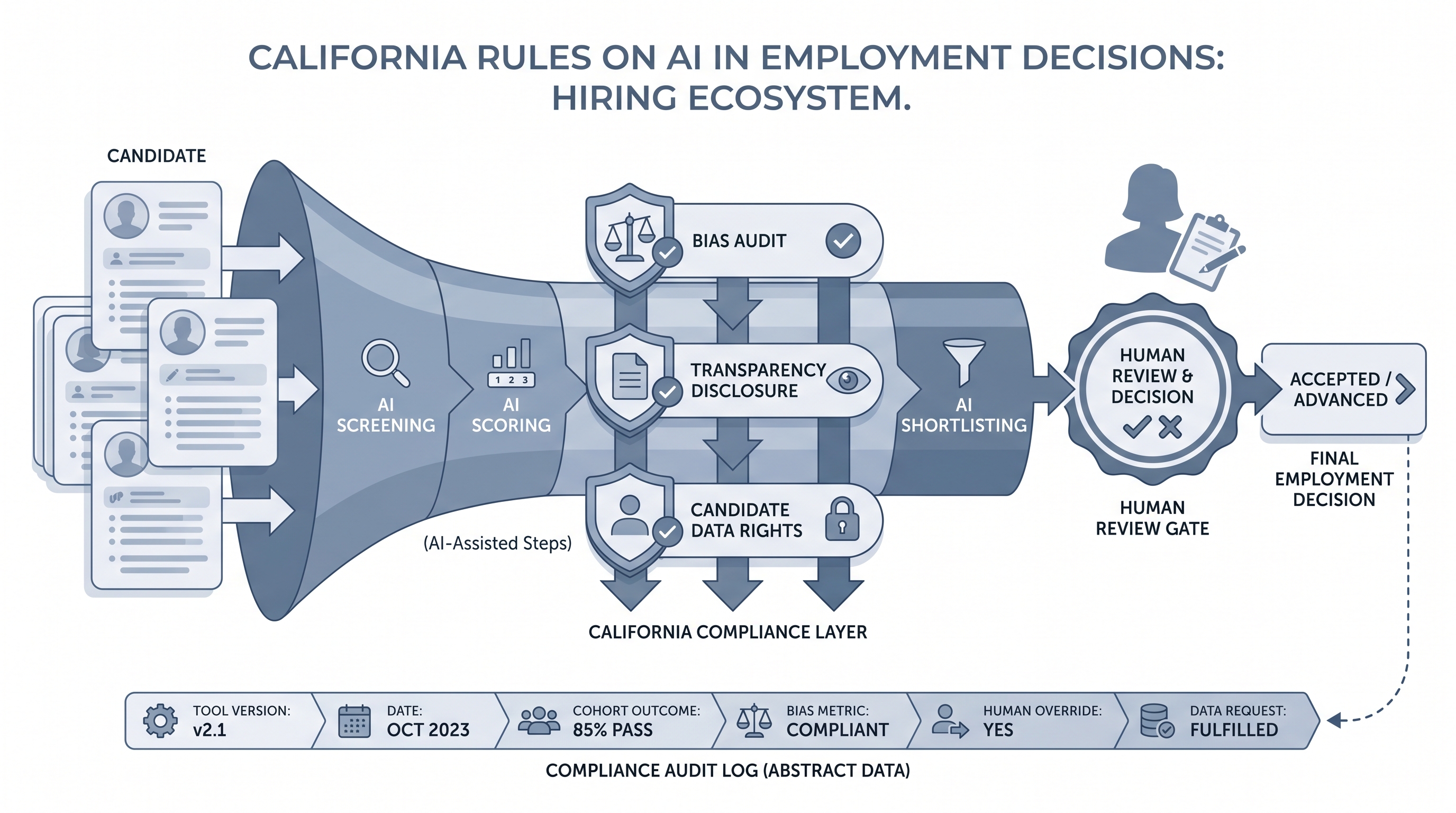 Illustration: California AI employment decision compliance showing a candidate pipeline intersected by a layered regulatory band with bias audit, transparency disclosure, and data rights shields, a human review gate before the final hiring decision, and an audit log strip beneath