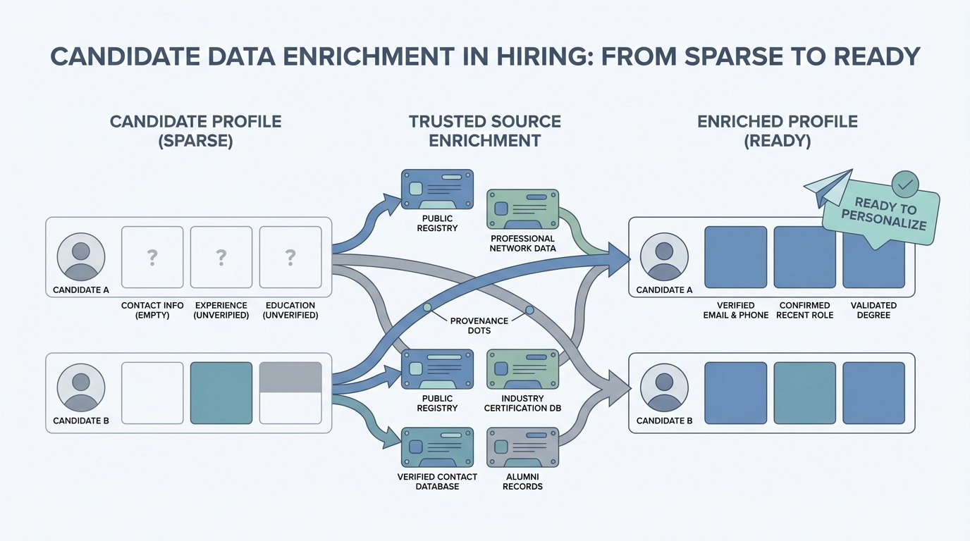 Illustration: Sparse candidate rows gaining verified fields from trusted sources before outreach