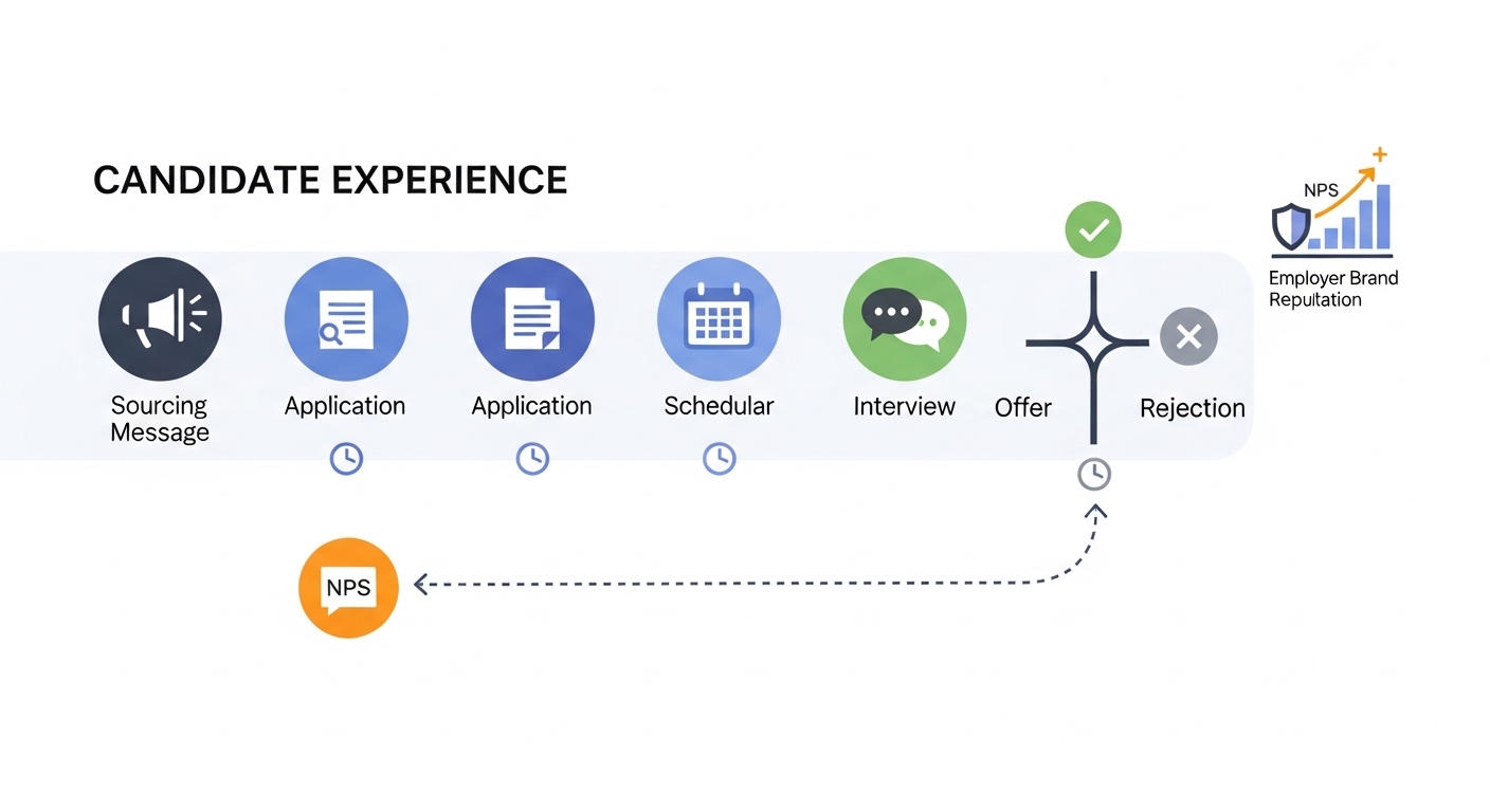 Illustration: Candidate experience journey map showing touchpoints from sourcing message to offer or rejection, with NPS feedback loop at the close