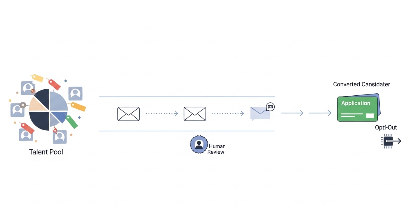 Illustration: candidate nurturing as a timed drip sequence sending segmented messages to talent pool members until they convert to applicants or opt out