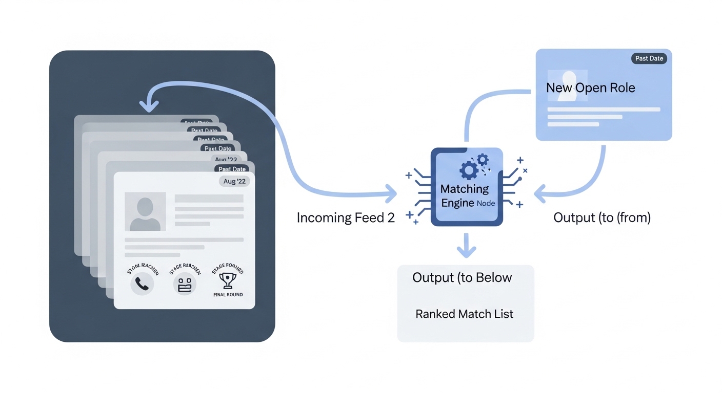 Illustration: greyed-out archived candidate record cards and a new open role card both feeding a matching engine node that surfaces a highlighted shortlist of reactivated candidates passing to a recruiter review queue