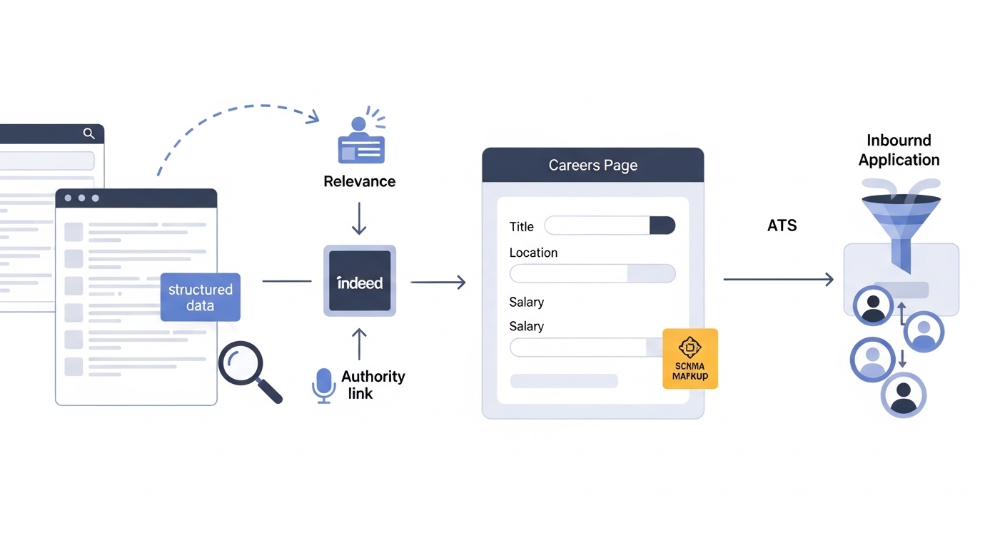 Illustration: careers site SEO as a funnel connecting search engine ranking signals through structured job pages to organic candidate applications